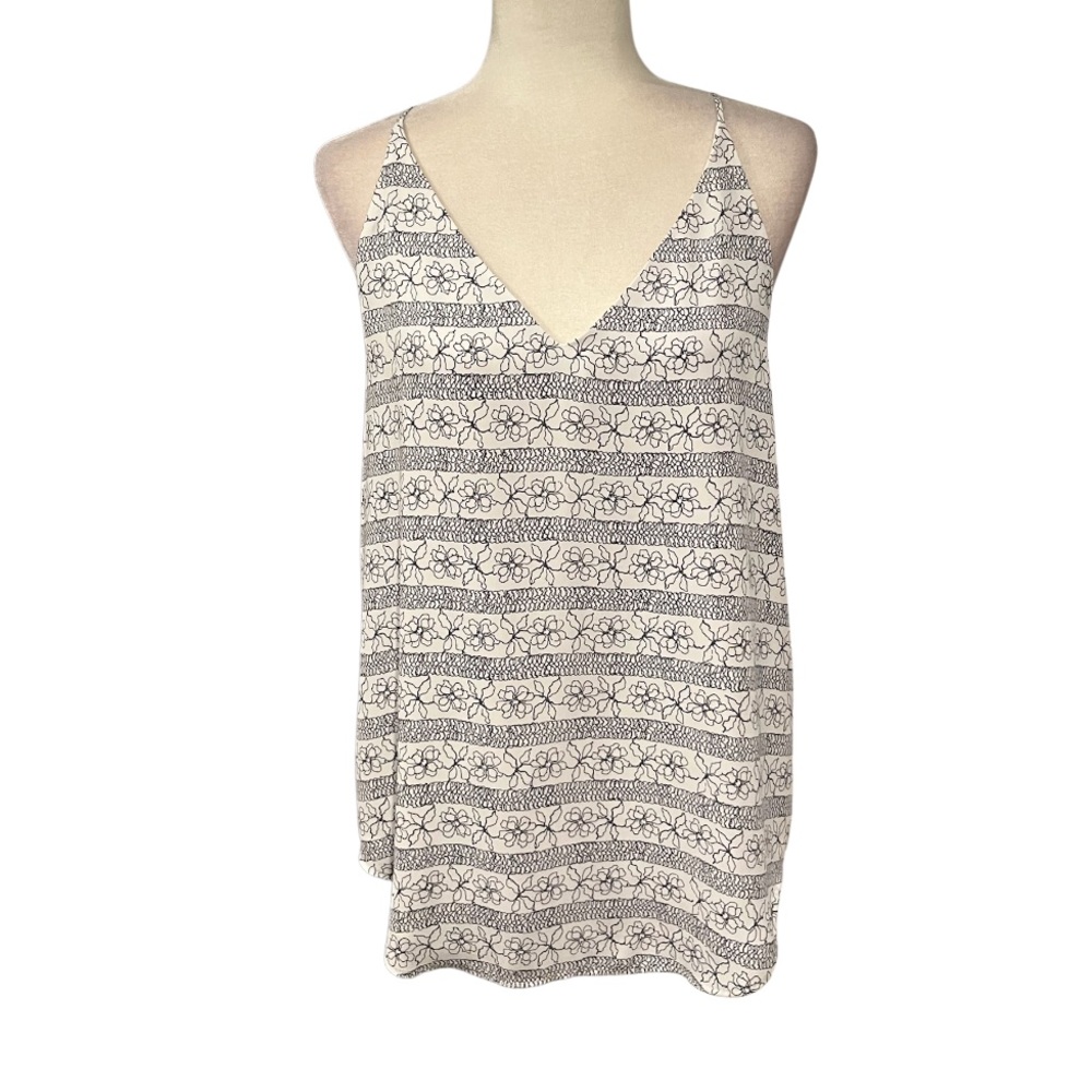 Loft Floral Stripe Racerback Cami Blouse Dark Blue Gray White